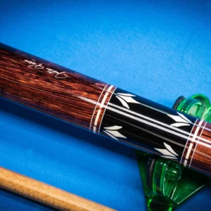 Full view of the handcrafted Mexican Rose pool cue made from deep purple camatillo wood